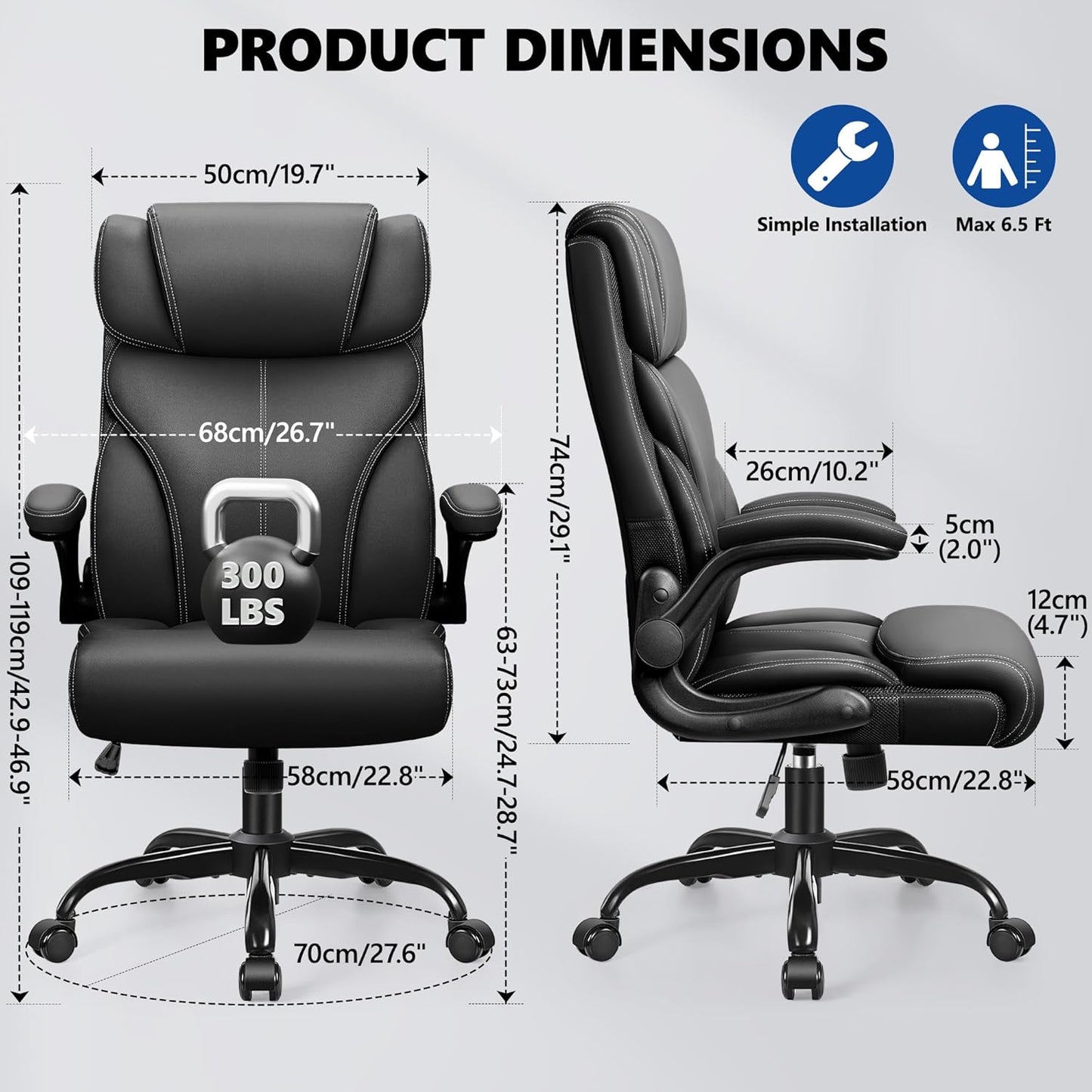 PU Leather Executive Office Chair, Ergonomic High-Back Computer & Gaming Chair with Adjustable Height, Rolling Swivel & Flip-Up Armrests, Comfy Padded Seat for Home Office-Black