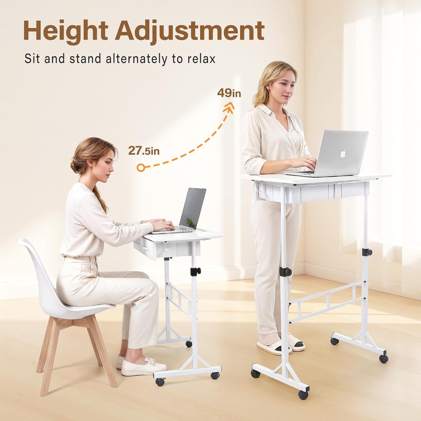 Adjustable Small Standing Desk with Drawers, Height Adjustable Rolling Desk for Home Office, Portable Small Computer Desk with Wheels for Walking Pad, White, Height 27.6"-49.2"