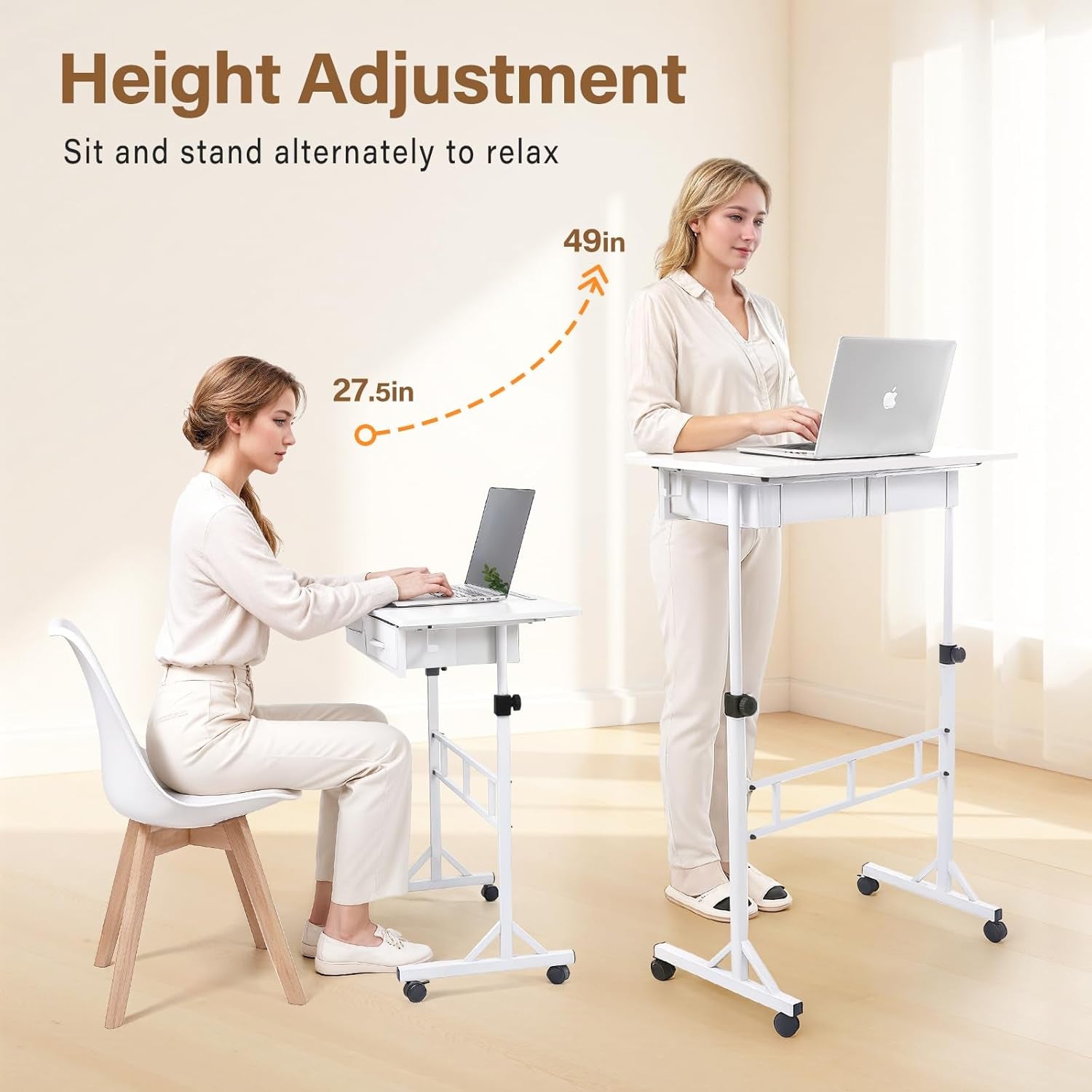 Adjustable Small Standing Desk with Drawers, Height Adjustable Rolling Desk for Home Office, Portable Small Computer Desk with Wheels for Walking Pad, White, Height 27.6"-49.2"