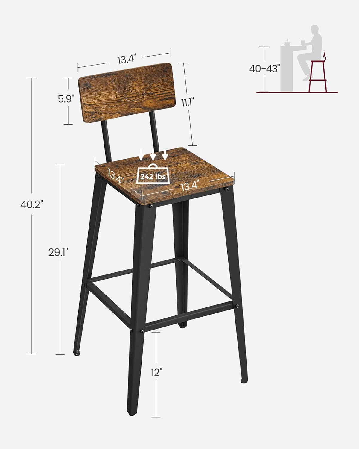 Set of 4 Bar Stools, Bar Height Stools, 29.1 Inches Tall Barstools with Back, Counter Bar Chairs for Kitchen Island, Steel Frame, Industrial Style, Easy Assembly, Rustic Brown and Ink Black