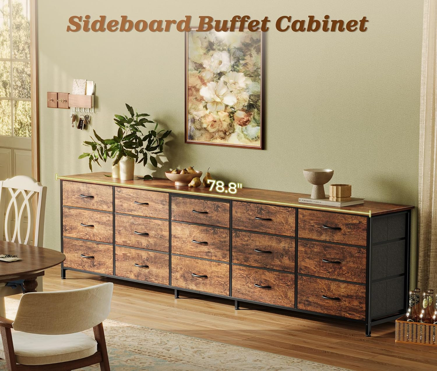 78.7 Inch Long Dresser for Bedroom, 15 Drawer Fabric Dresser for Closet, Large TV Stand for 65, 75, 85 Inch TV, Wide Chest of Drawer with Storage, 78.7" W X 12.9" D X 26.7" H, Rustic Brown