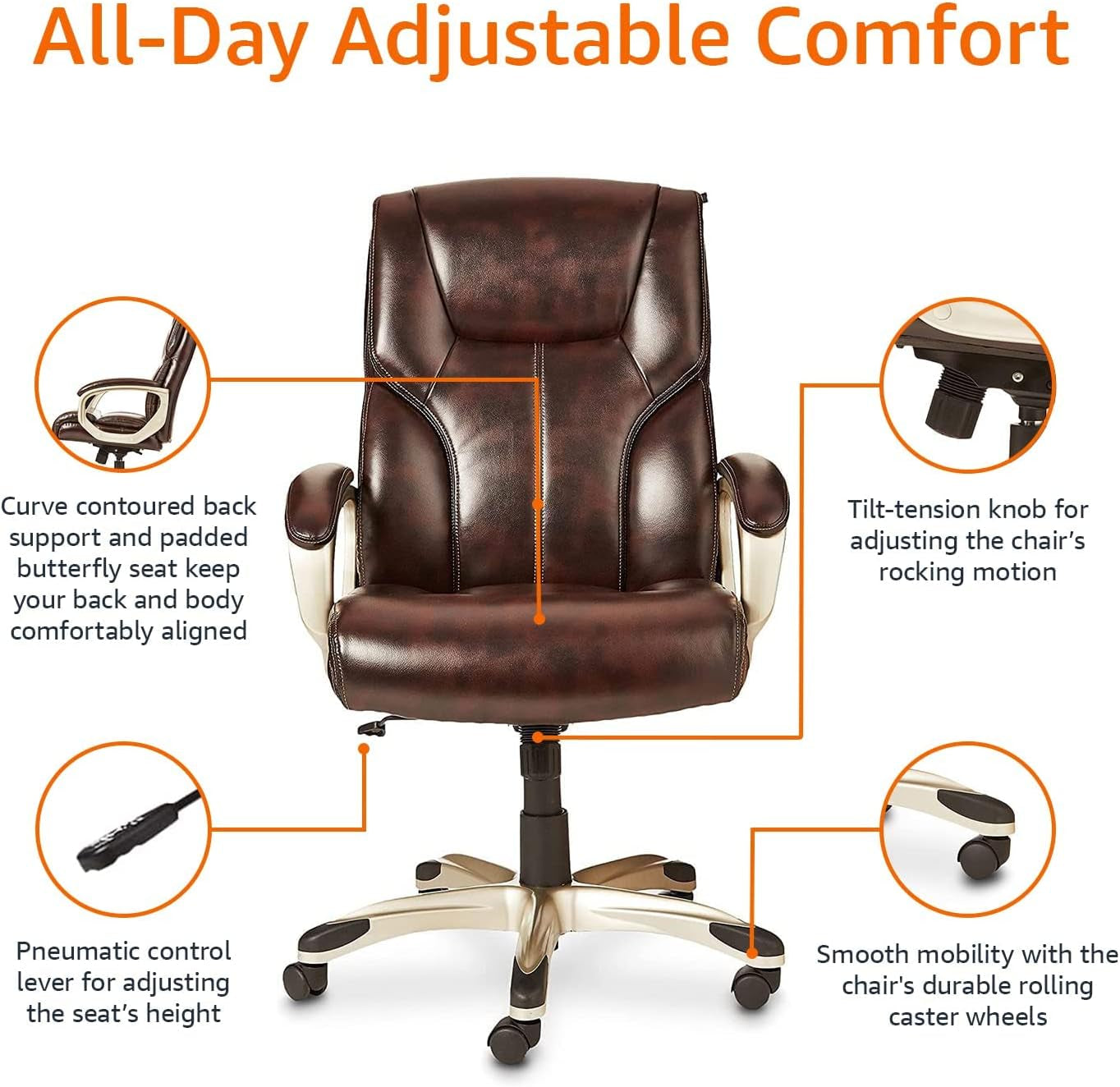 Executive High Back Office Desk Chair, Adjustable Height, Tilt, Swivel, One Size, Brown/Gold