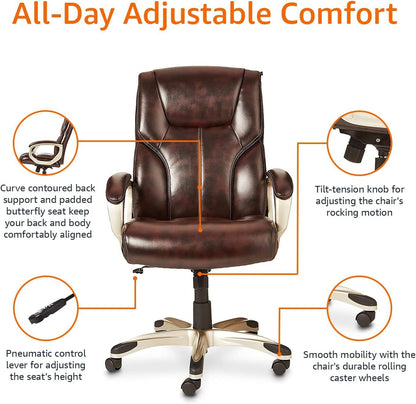 Executive High Back Office Desk Chair, Adjustable Height, Tilt, Swivel, One Size, Brown/Gold