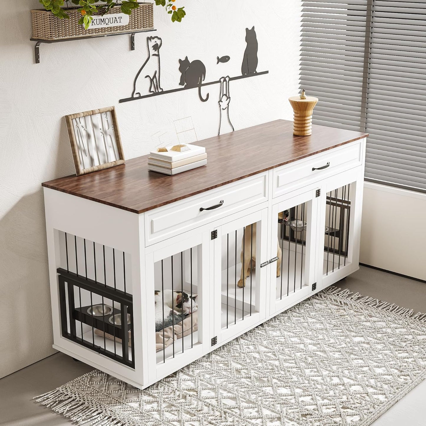 Double XL Dog Crate Furniture,Dog Crate Wooden Pet Kennel Cabinet with 2 Doors,Large Double Dog Kennel TV Stand with 360° Rotating Feeder & Wheels,Rolling Cage with 2 Storage Drawers,White+Walnut