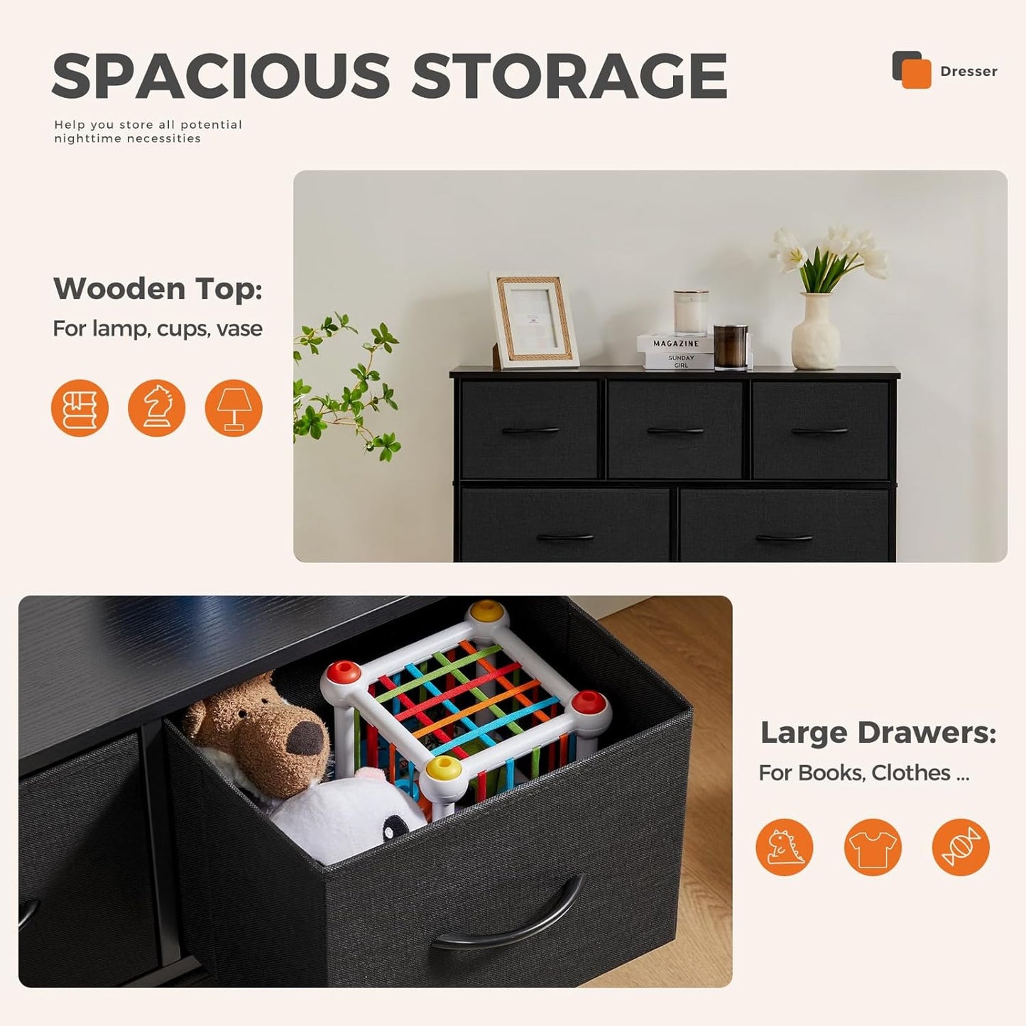 Fabric Storage Tower Dresser with 7 Drawers TV Stand Organizer Sturdy Steel Frame Wood Top for Closet Bedroom Hallway,Black