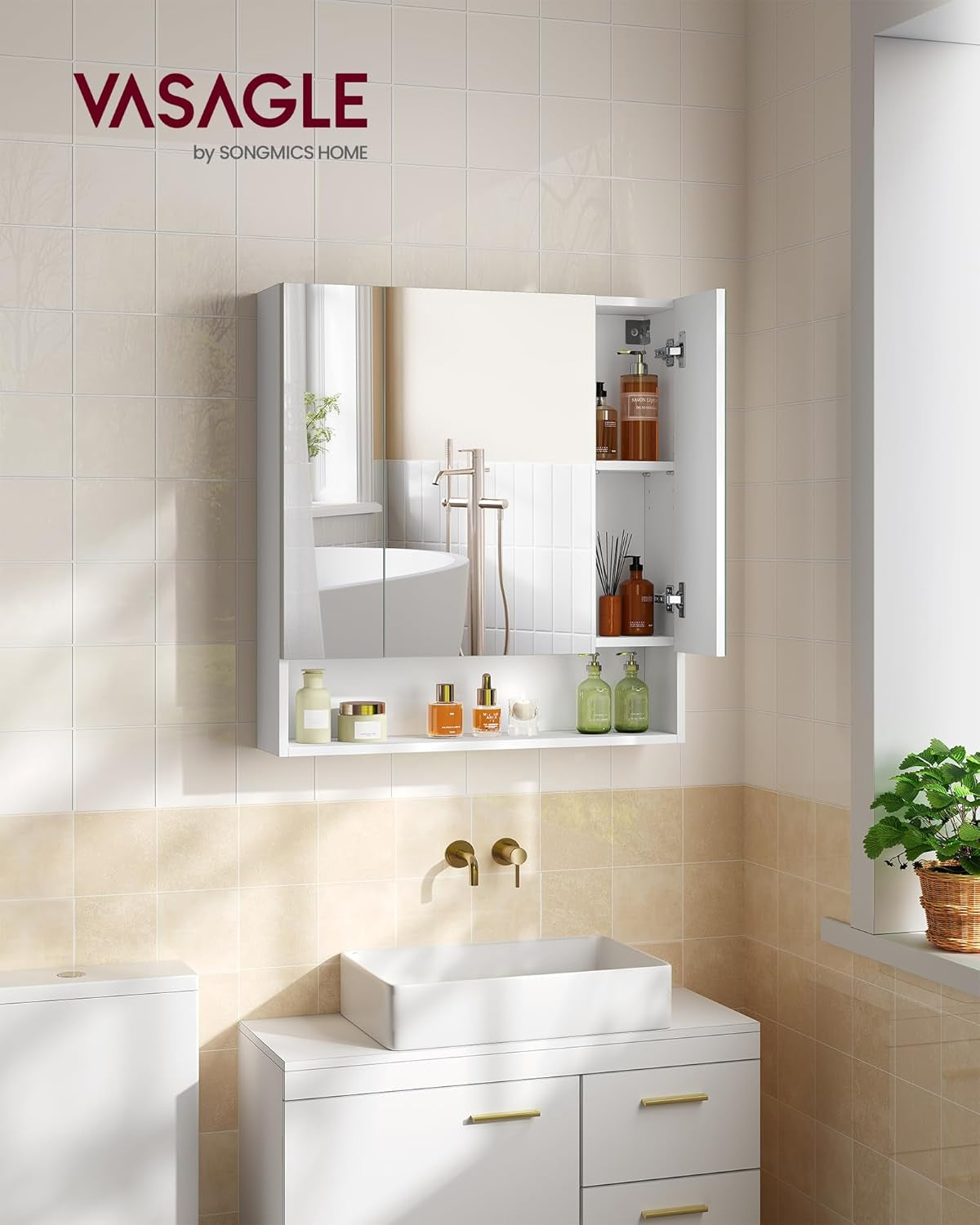KAILYN Collection - Medicine Cabinet Mirror, Bathroom Wall Mirror Cabinet with Storage, Open Compartment, Adjustable Shelves, 6.5 X 27.6 X 29.5 Inches, Cloud White UBBK129W01