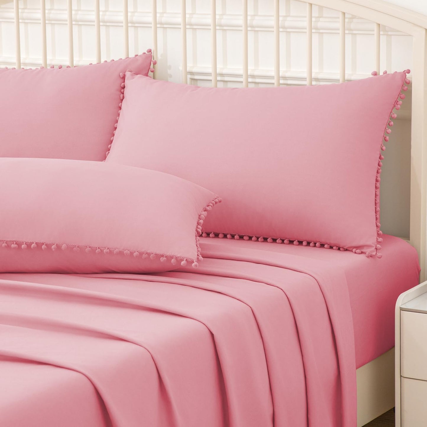 Pom Poms Pillow Shams King Size Set of 2, Pink Decorative Pillowcases with Envelope Closure, Soft Microfiber Shams Cover with Pom Pom Trim, Wrinkle Resistant (20 X 36 Inches)
