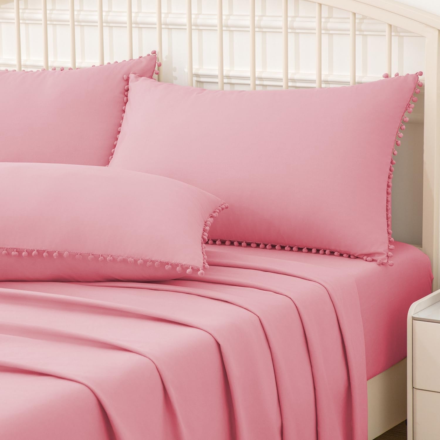 Pom Poms Pillow Shams King Size Set of 2, Pink Decorative Pillowcases with Envelope Closure, Soft Microfiber Shams Cover with Pom Pom Trim, Wrinkle Resistant (20 X 36 Inches)