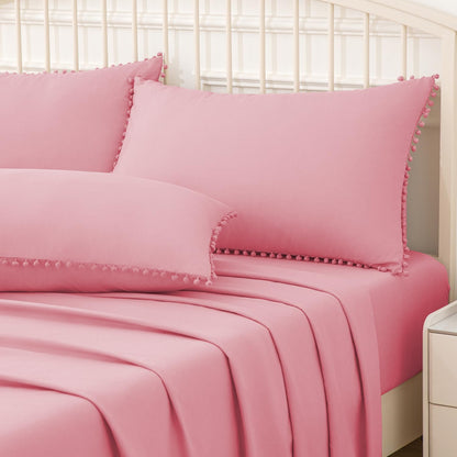 Pom Poms Pillow Shams King Size Set of 2, Pink Decorative Pillowcases with Envelope Closure, Soft Microfiber Shams Cover with Pom Pom Trim, Wrinkle Resistant (20 X 36 Inches)