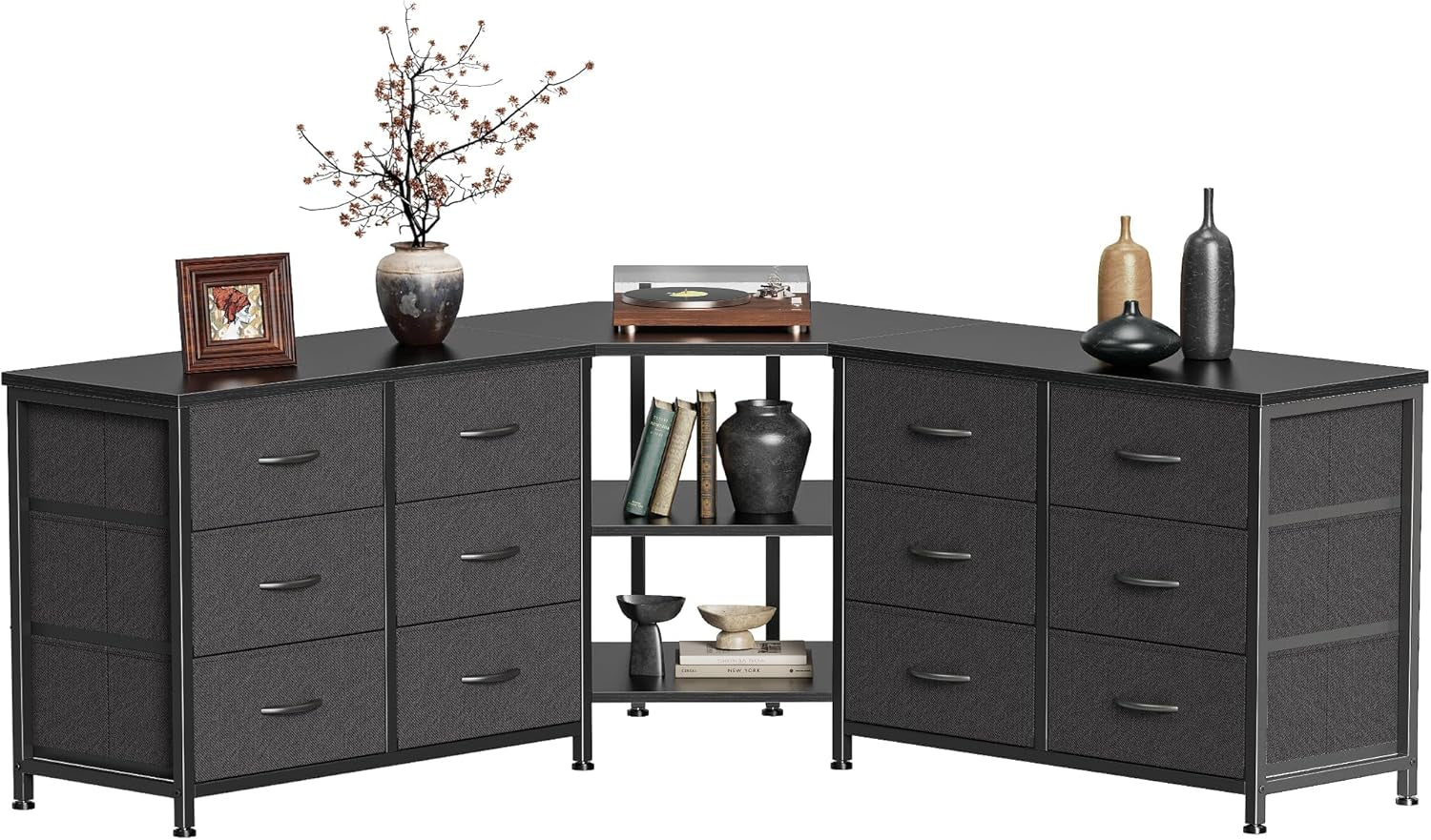 48 Inch Black Dresser for Bedroom, Corner TV Stand for 43, 55 Inch TV, L Shaped Chest of Drawer with Storage and Open Shelves, 12 Drawer Fabric Dresser for Closet, for Small Place