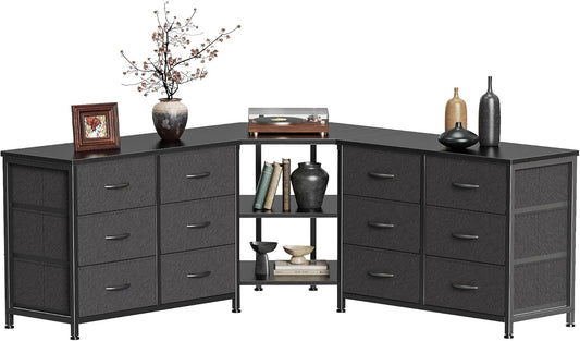 48 Inch Black Dresser for Bedroom, Corner TV Stand for 43, 55 Inch TV, L Shaped Chest of Drawer with Storage and Open Shelves, 12 Drawer Fabric Dresser for Closet, for Small Place