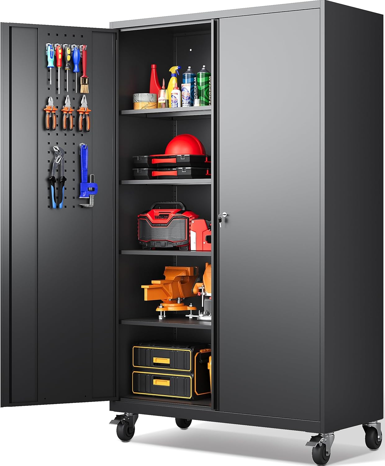 Wide & Deep Metal Storage Cabinet with Wheels,Tall Rolling Garage Storage Cabinet with Lock,Black Metal Cabinets with Pegboards and Shelves,Tool Locker for Garage,Home,Office,43''Wx 20''Dx71"H