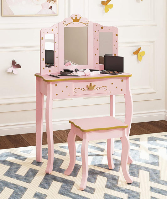 Pretend Play Kids Vanity Set with Mirror and Stool, Kids Make up Vanity Desk with Mirrror for Little Girls, Children Makeup Dressing Table with Drawer, Pink