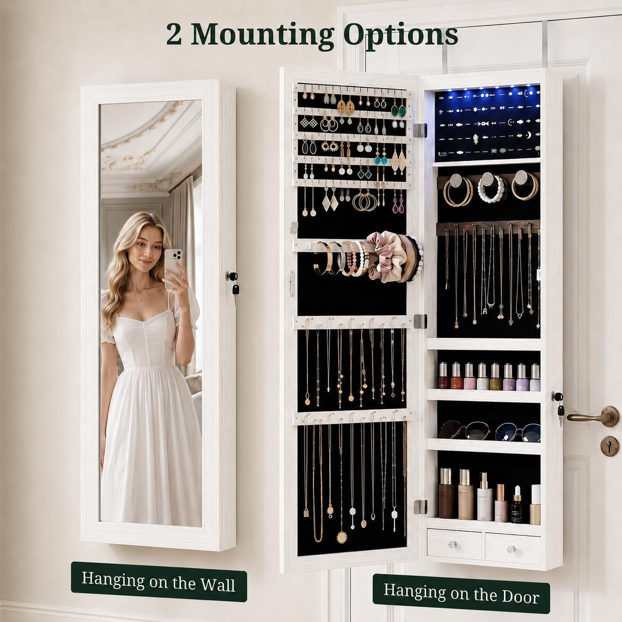 Jewelry Armoire, 47.2" Tall Lockable Jewelry Organizers and Storage Cabinet with Full-Length Mirror, 6 Leds Mirror Jewelry Cabinet, Wall or Door Mounted Jewelry Storage for Women Bedroom, Gift Idea