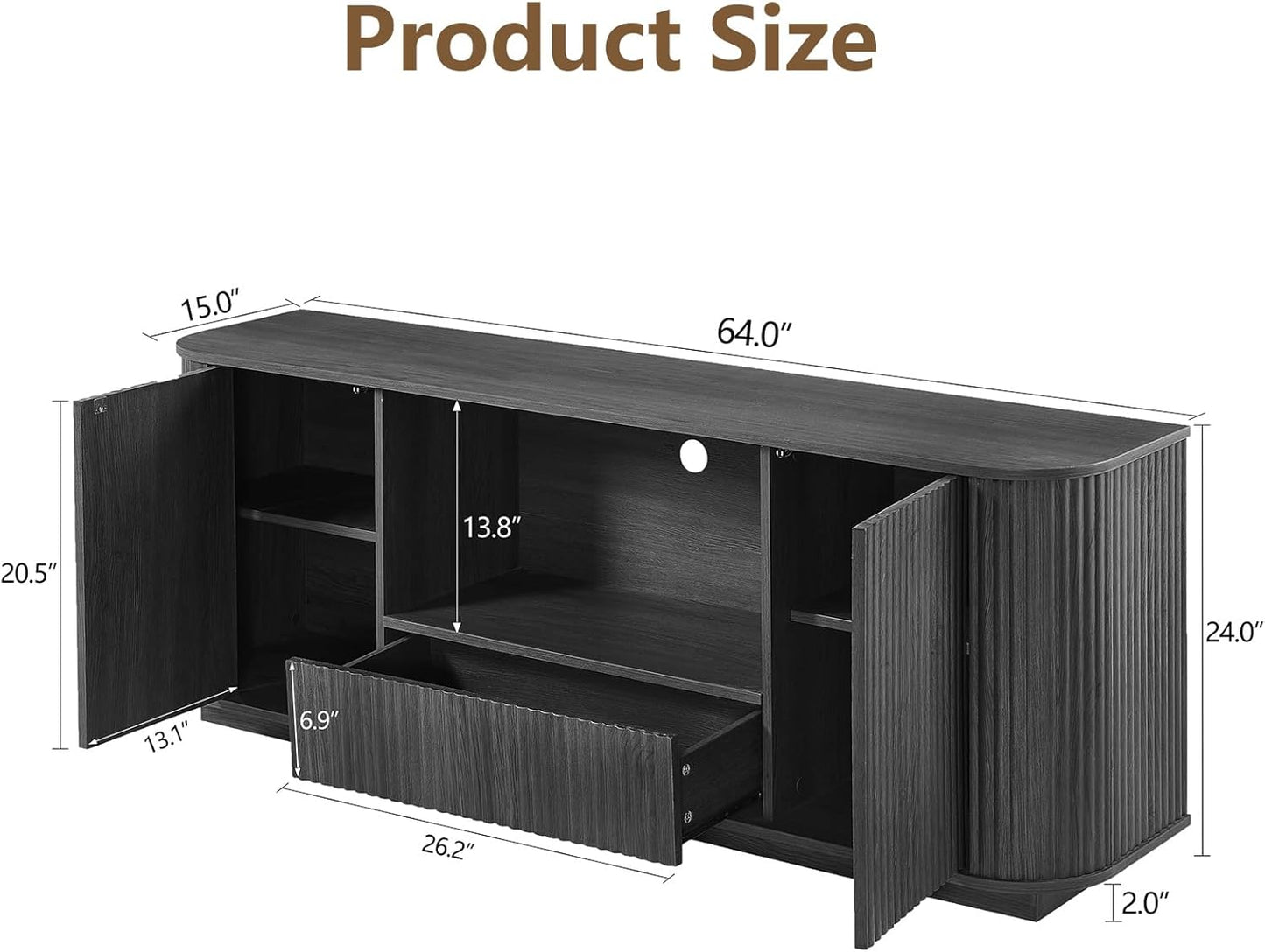64" Fluted TV Stand for Tvs up to 75 Inch, Entertainment Center with Storage Cabinet and Drawer, Wood TV Console Television Furniture with Adjustable Shelf, Media Console for Living Room, Bedroom
