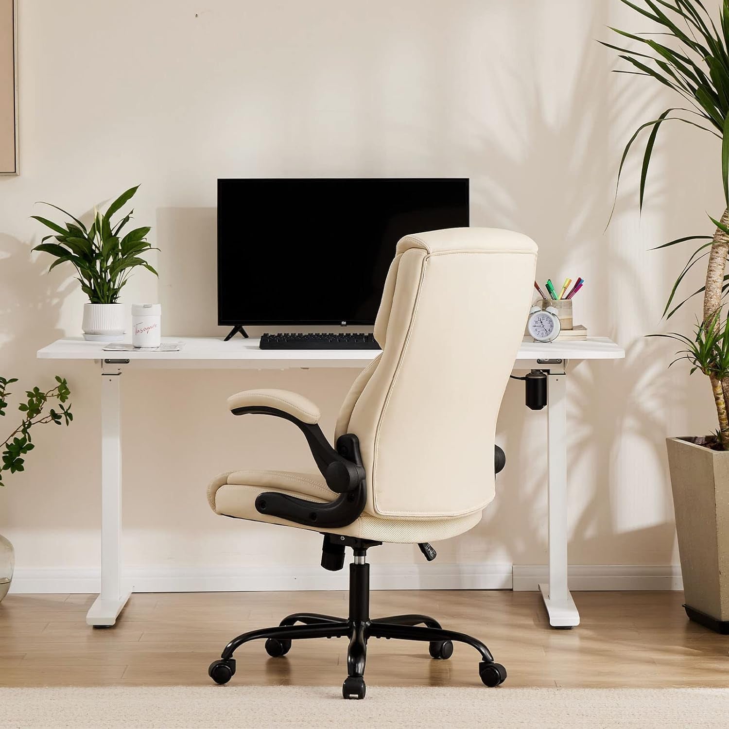 Ergonomic Office Chair Heavy Duty Task Desk Chair with Flip-Up Arms, PU Leather, Adjustable Swivel Rolling Chair with Wheels, Beige