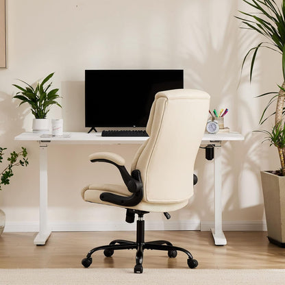 Ergonomic Office Chair Heavy Duty Task Desk Chair with Flip-Up Arms, PU Leather, Adjustable Swivel Rolling Chair with Wheels, Beige