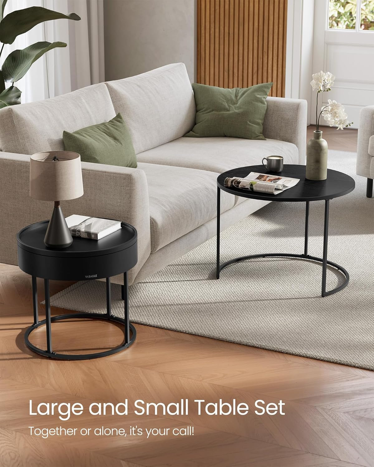 round Coffee Tables, Set of 2 Nesting Tables, Modern round Side Tables with Hidden Storage and Top Tray, for Living Room, Bedroom, Office, Ebony Black and Ink Black ULCT044B56