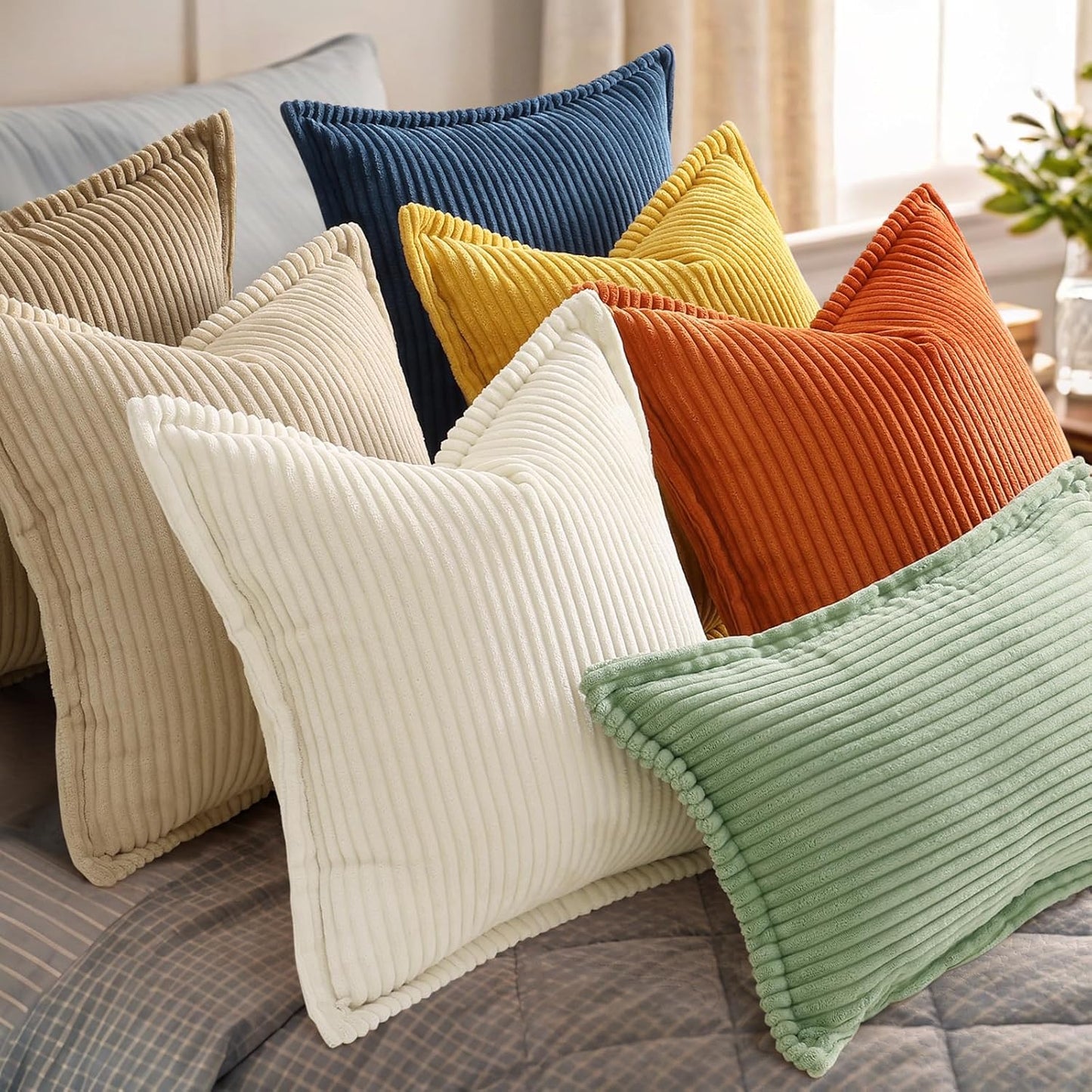 Fall Corduroy Rust Throw Pillow Covers 18X18 Set of 2 Decorative Soft Boho Farmhouse Euro Sham Couch Pillow Covers for Living Room Bed Sofa Broadside Striped Pillow Cases