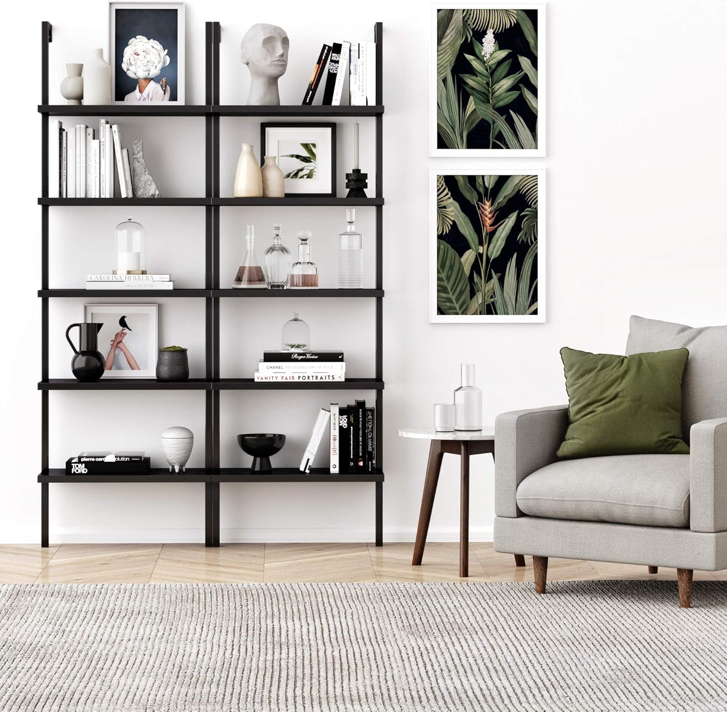 Theo 5-Shelf Black Modern Bookcase, Open Wall Mount Ladder Bookshelf with Industrial Metal Frame