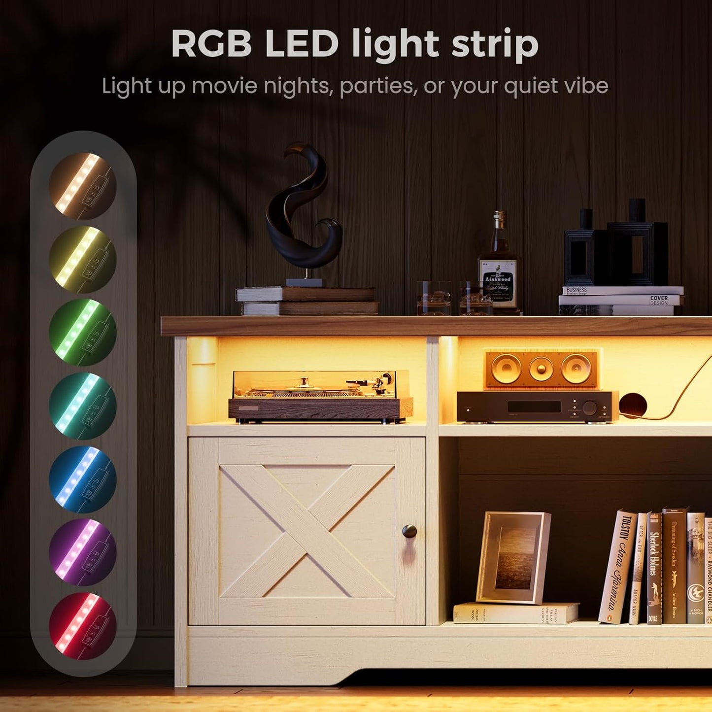 TV Stand for 65 Inch TV, Farmhouse Entertainment Center with Power Outlet & LED Light and Storage Cabinets, Console Table and Media Furniture for Living Room Bedroom, White