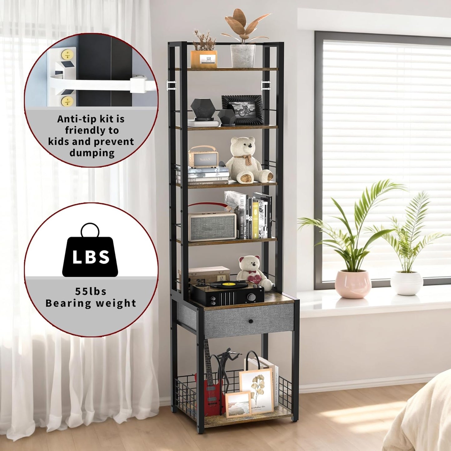CD Storage Rack, 6-Tier DVD Organizer Shelf with Drawer & Adjustable Book Stoppers, Vinyl Record Holder &Multi-Purpose Media Organizer, Ideal for Living Room/Home Office,15.7X11.8X64.3Inch