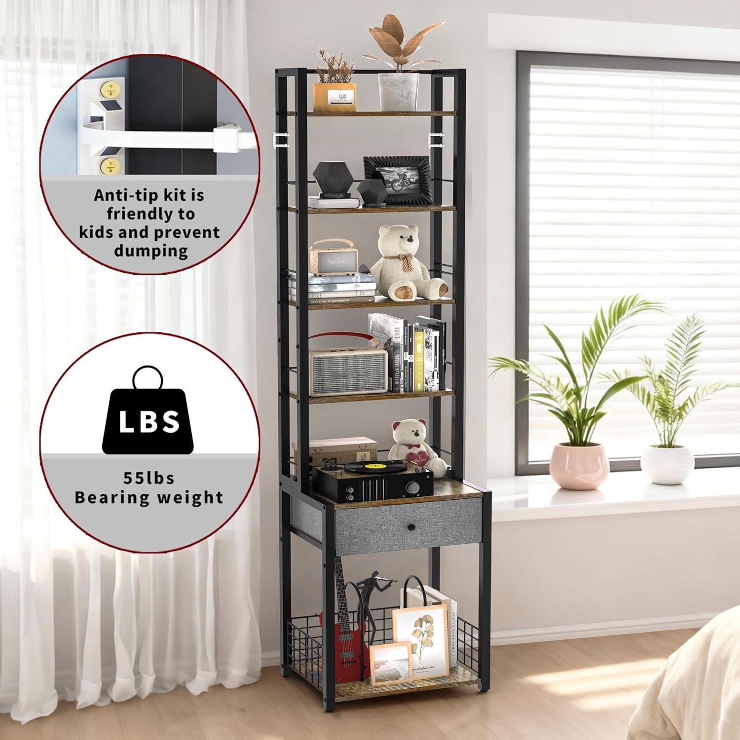 CD Storage Rack, 6-Tier DVD Organizer Shelf with Drawer & Adjustable Book Stoppers, Vinyl Record Holder &Multi-Purpose Media Organizer, Ideal for Living Room/Home Office,15.7X11.8X64.3Inch