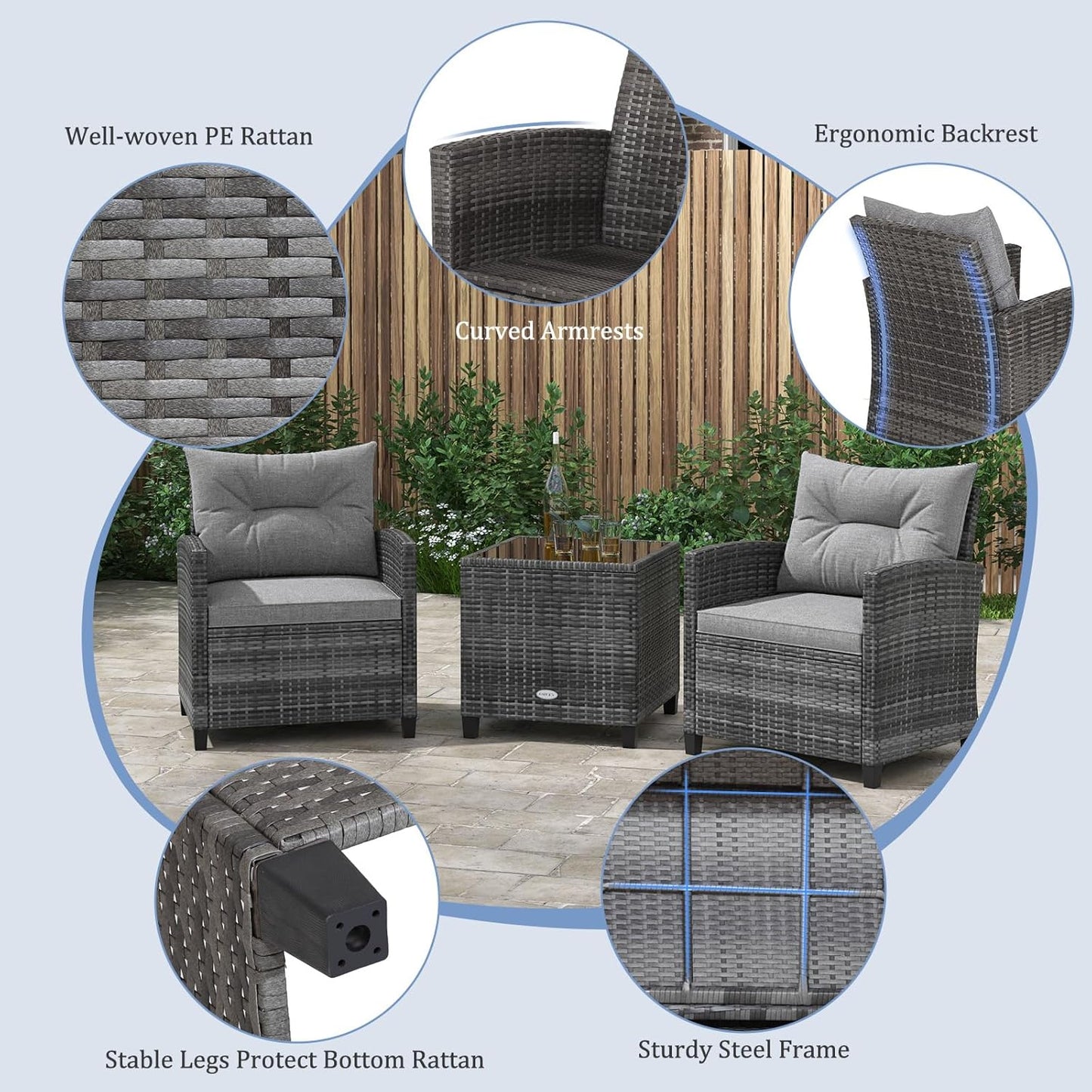 3 Piece Patio Furniture Set, Outdoor PE Rattan Conversation Set with Washable Cushions & Tempered Glass Tabletop, Wicker Chairs and Table Set for Porch, Garden, Balcony (Grey)