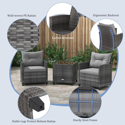 3 Piece Patio Furniture Set, Outdoor PE Rattan Conversation Set with Washable Cushions & Tempered Glass Tabletop, Wicker Chairs and Table Set for Porch, Garden, Balcony (Grey)
