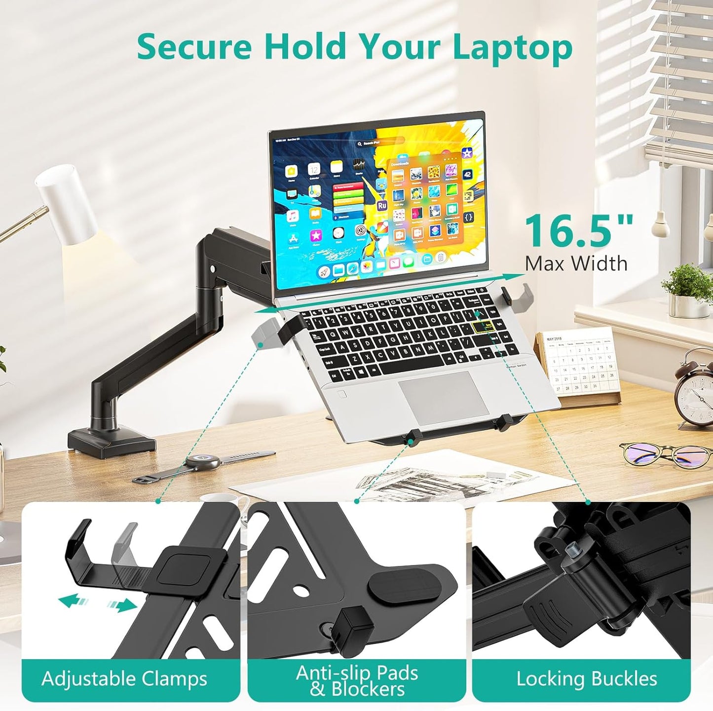 Laptop Desk Mount, 2-In-1 Monitor Mount with Adjustable Laptop Tray, Fits Max 17" Notebook and 34" Computer Screen, Max Holds 22-26.4 Lbs, Single Monitor Laptop Stand for Desk (GSMP001NLP), Black