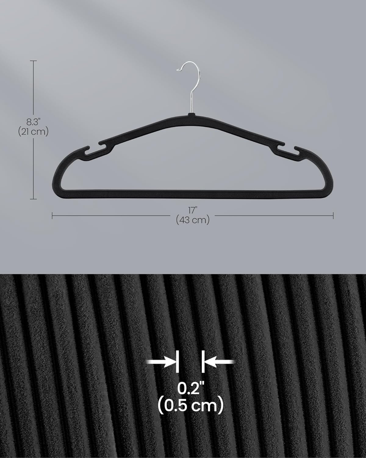 Velvet Hangers 50 Pack, Non-Slip Clothes Hangers, 17 X 8.3 Inches, Coat Hangers with Wide Shoulder Notches, Pants Bar, 360° Swivel Hook, Space-Saving, for Closet, Ink Black UCRF039B03