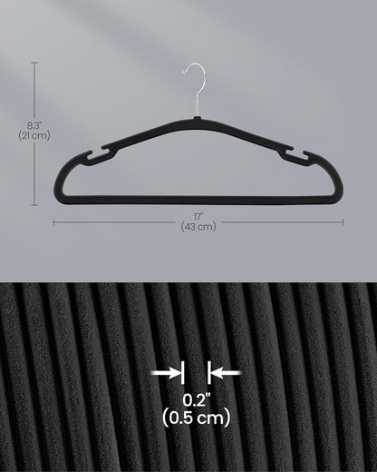 Velvet Hangers 50 Pack, Non-Slip Clothes Hangers, 17 X 8.3 Inches, Coat Hangers with Wide Shoulder Notches, Pants Bar, 360° Swivel Hook, Space-Saving, for Closet, Ink Black UCRF039B03