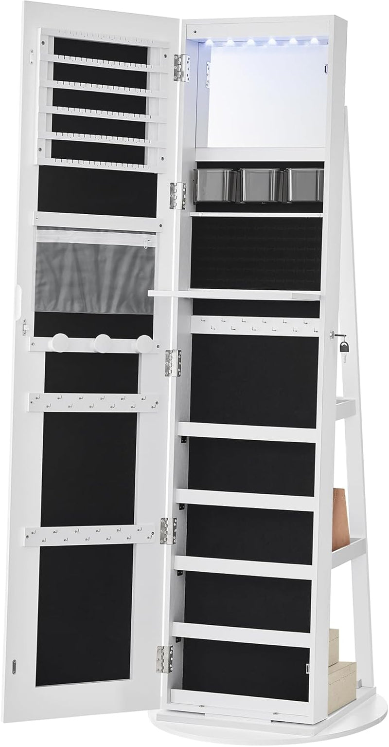 LED Jewelry Cabinet Standing, Lockable Armoire with Full-Length Mirror and Adjustable Lights, Space-Saving Organizer, Gift Idea, Cloud White UJJC008W01