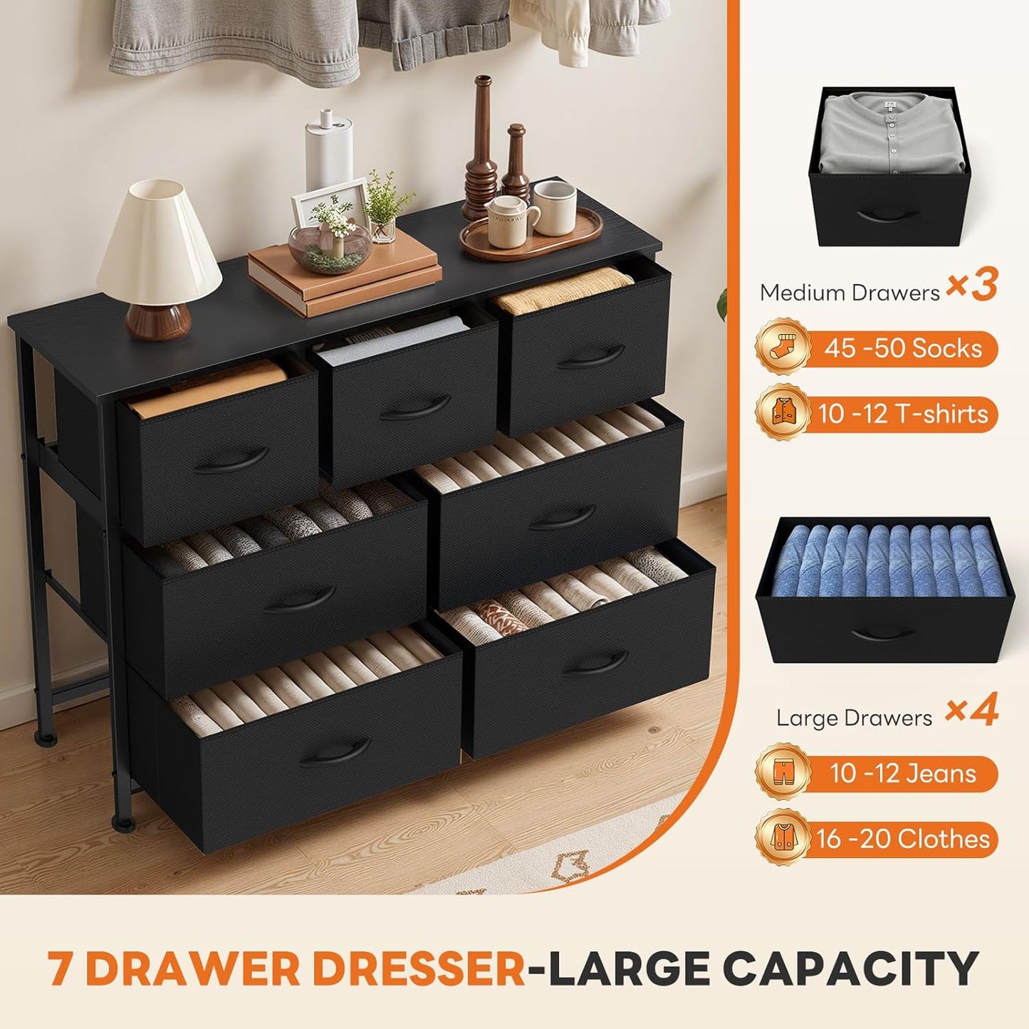 7 Drawer Dresser with Fabric Bins Fabric Storage Tower Organizer for Bedroom Closet Hallway Entryway Tall Chest of Drawers with Steel Frame Wood Top Easy Pull Handles,Black