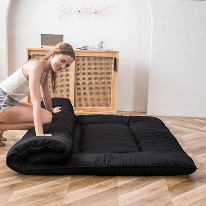 Japanese Floor Mattress Futon Mattress, 4" Thicken Tatami Mat Sleeping Pad Foldable Roll up Mat Boys Girls Dormitory Pad Kids Floor Lounger Pillow Bed, Black, Full