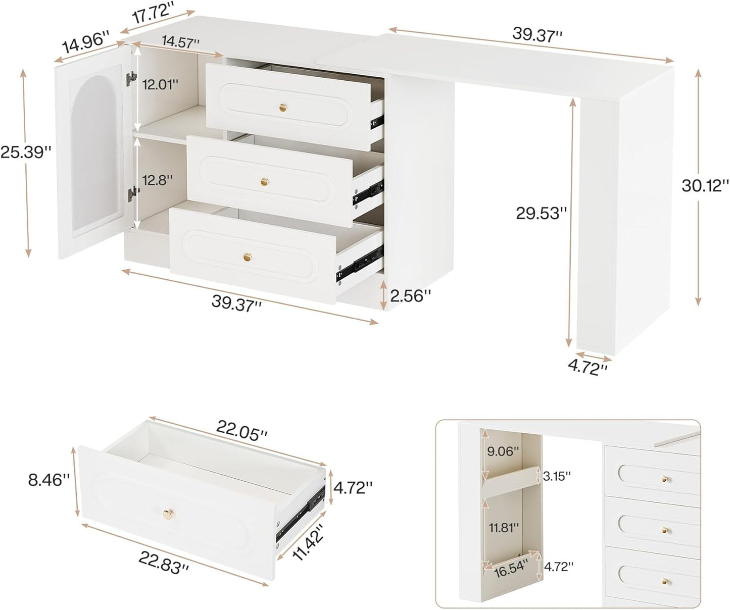 Corner Makeup Vanity Desk with 3 Drawers, 78" Modern L-Shaped Vanity Table with Reversible Cabinet, Extendable Dressing Table Combo with 1 Door for Women & Girls Bedroom (Without Mirror)