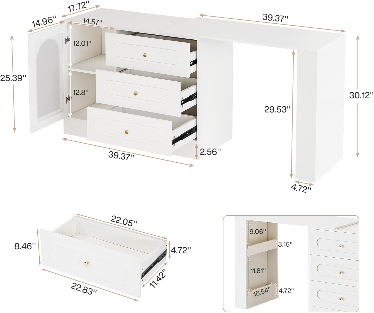 Corner Makeup Vanity Desk with 3 Drawers, 78" Modern L-Shaped Vanity Table with Reversible Cabinet, Extendable Dressing Table Combo with 1 Door for Women & Girls Bedroom (Without Mirror)