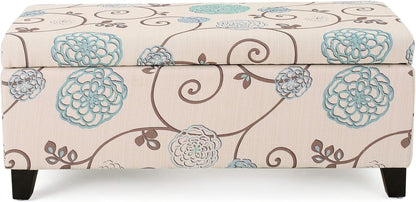 Breanna Fabric Storage Ottoman, White and Blue Floral