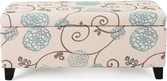 Breanna Fabric Storage Ottoman, White and Blue Floral