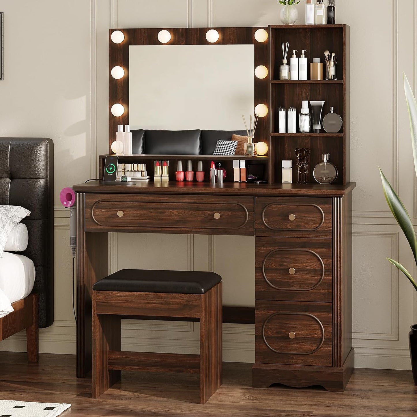 42" W Walnut Makeup Vanity Desk with Mirror and Lights and Charging Station, Dark Brown Wood Vanity with Open Storage and Drawers and Stool Chair, Dressing Table Make up Desk for Bedroom