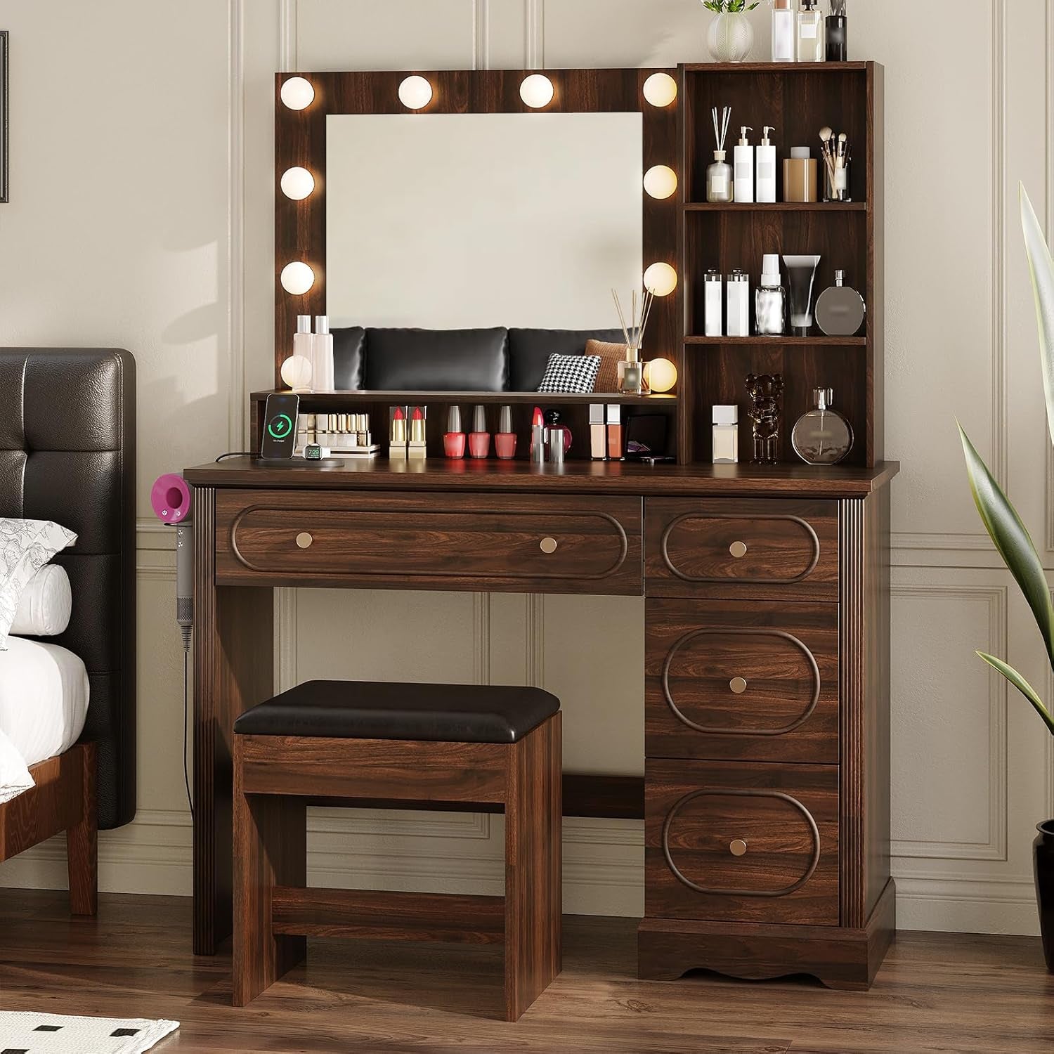 42" W Walnut Makeup Vanity Desk with Mirror and Lights and Charging Station, Dark Brown Wood Vanity with Open Storage and Drawers and Stool Chair, Dressing Table Make up Desk for Bedroom