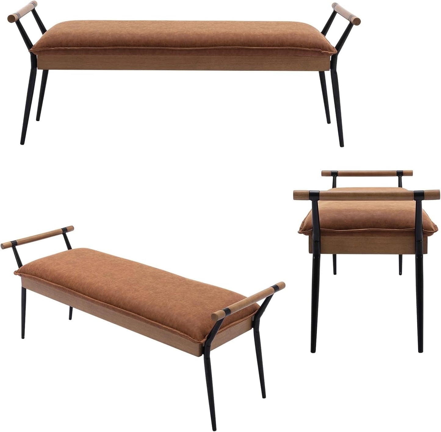 Modern Rectangle Ottoman Bench with Arms and Metal Legs, Mid Century PU Dining Table Bench Footstool Entryway Shoe Bench for Dining Room Bedroom Living Room, Brown