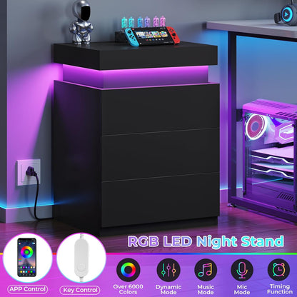 LED Nightstands Set of 2,Night Stands for Bedroom Set of 2,Nightstand with Charging Station and Sliding Top,Bedside Table with Power Outlets & Drawers,Modern End Side Table (Black)