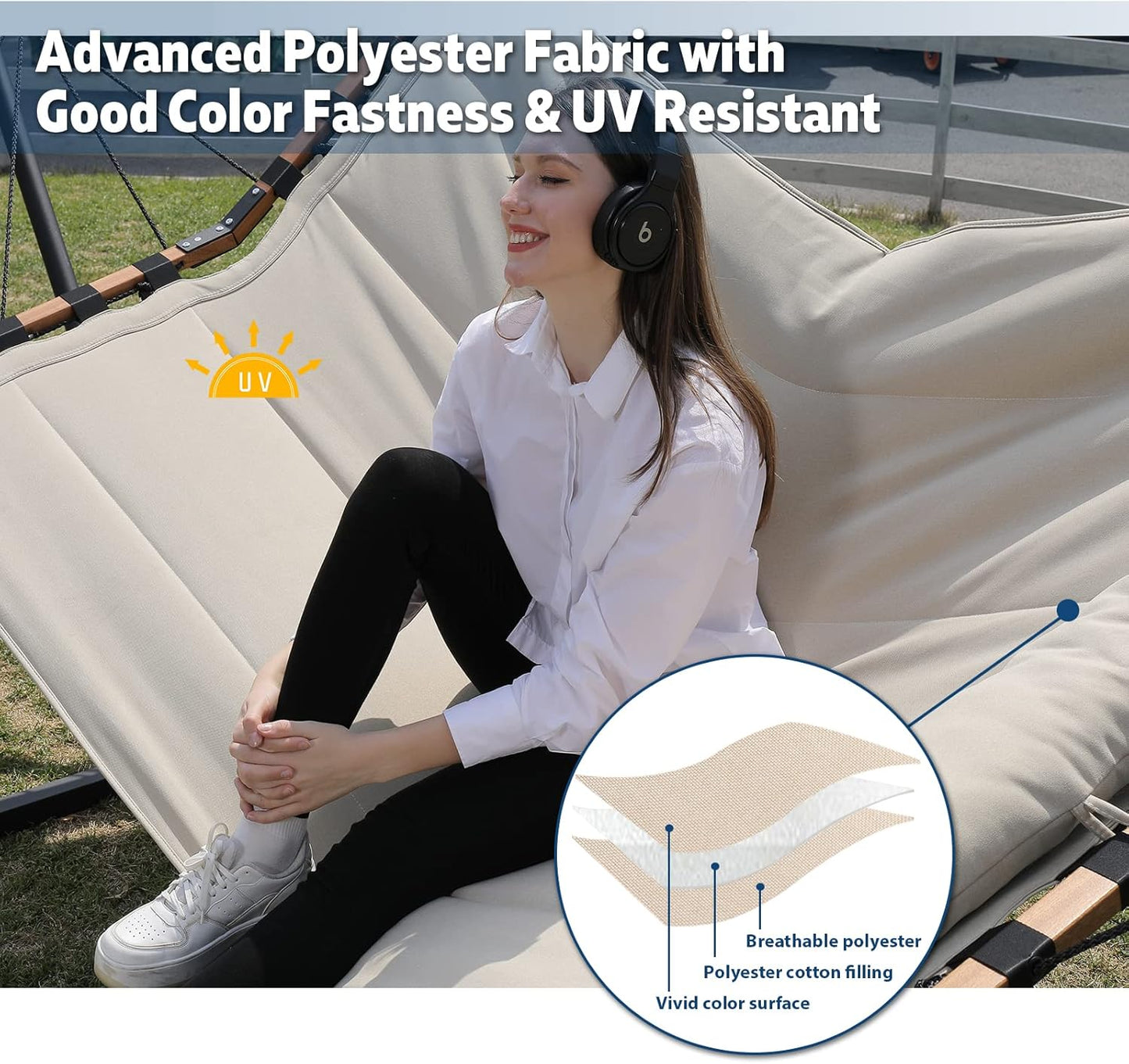 12FT 2 Person Hammock with Stand Included 55 X 79IN Large Hammock 450LB Capacity with Hardwood Spreader Bar & Nylon Rope for Outside, Patio, Garden, Backyard, Beach, Poolside - Beige