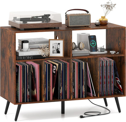 Large Record Player Stand with Charging Station, Turntable Stand Holds up to 450 Albums, Record Player Table with Raised Leg, Vinyl Record Storage for Living Room (Rustic Brown)