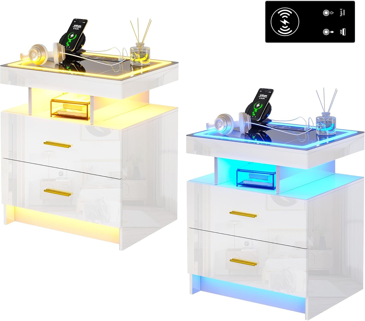 Auto LED Nightstand Set of 2, White Night Stand with Charging Station & USB Ports, High Gloss Bedside Table Has 2 Drawers,Modern End Side Table for Bedroom (White)