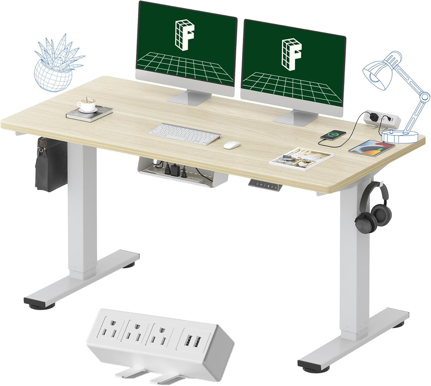EN2 Whole-Piece Standing Desk with Clamp Power Strip, 55 X 28 Electric Stand up Height Adjustable Desk with Cable Management (White Frame + 55" White Wood Grain Desktop, 2 Packages)