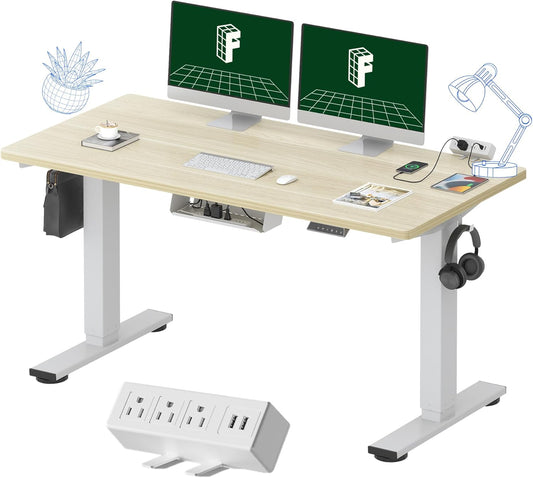 EN2 Whole-Piece Standing Desk with Clamp Power Strip, 55 X 28 Electric Stand up Height Adjustable Desk with Cable Management (White Frame + 55" White Wood Grain Desktop, 2 Packages)