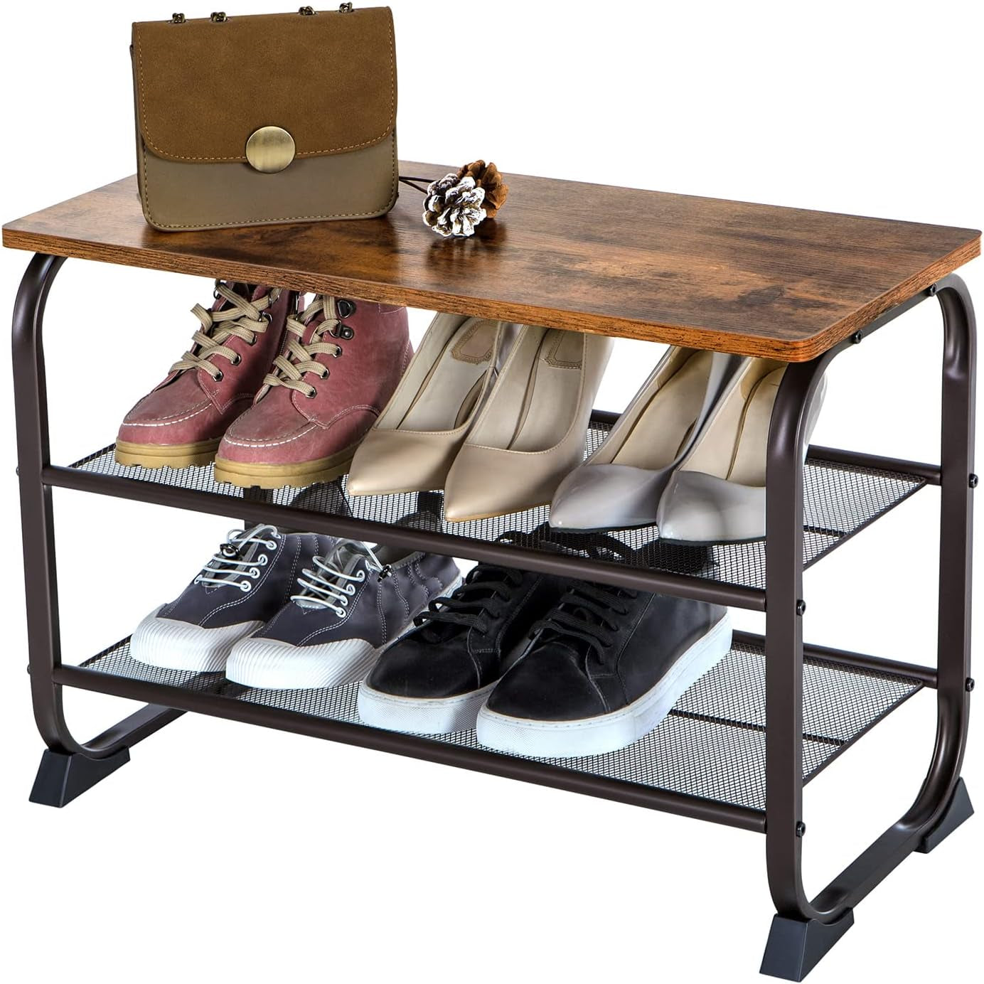 Shoe Bench Rack, 3-Tier Storage Shelf for Entryway Hallway Living Room, Industrial Accent Furniture with Steel Frame, 11.8 X 26.0 X 17.7 Inches, Rustic Brown