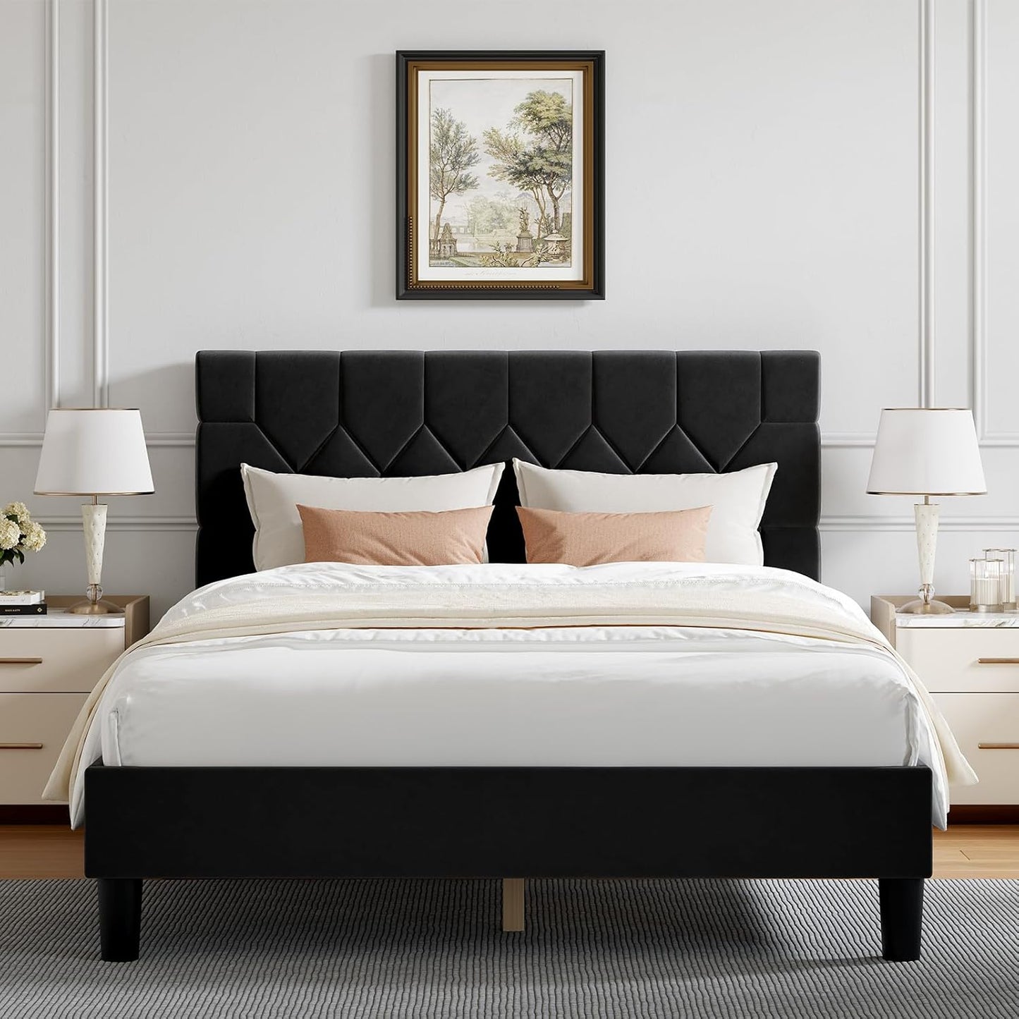 Full Size Bed Frame, Full Bed Frame with Headboard, Velvet Upholstered Pull-Point Headboard, No Box Spring Needed, Heavy Duty Feet, Easy Assembly, Black Velvet